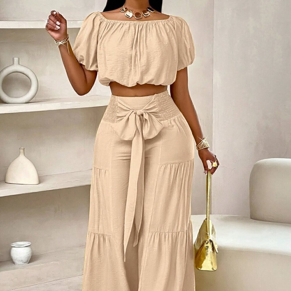 Khaki Casual Women's Beach One-Shoulder Puff-Sleeved Crop Top & Wide Leg Pants
